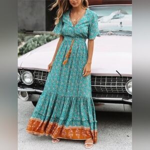 Chic Floral Maxi Dress in Teal and Orange